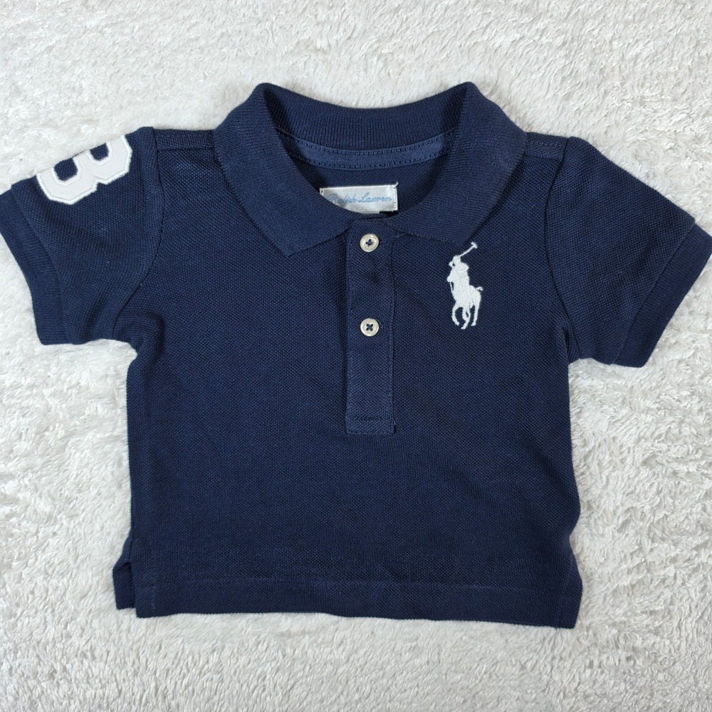 Ralph Lauren Big Pony Baby Boy 3M Navy Blue s/s Cotton Piqué Button up Shirt
